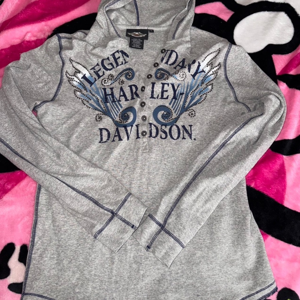 Harley-Davidson Gray and Blue Buttoned Sweatshirt